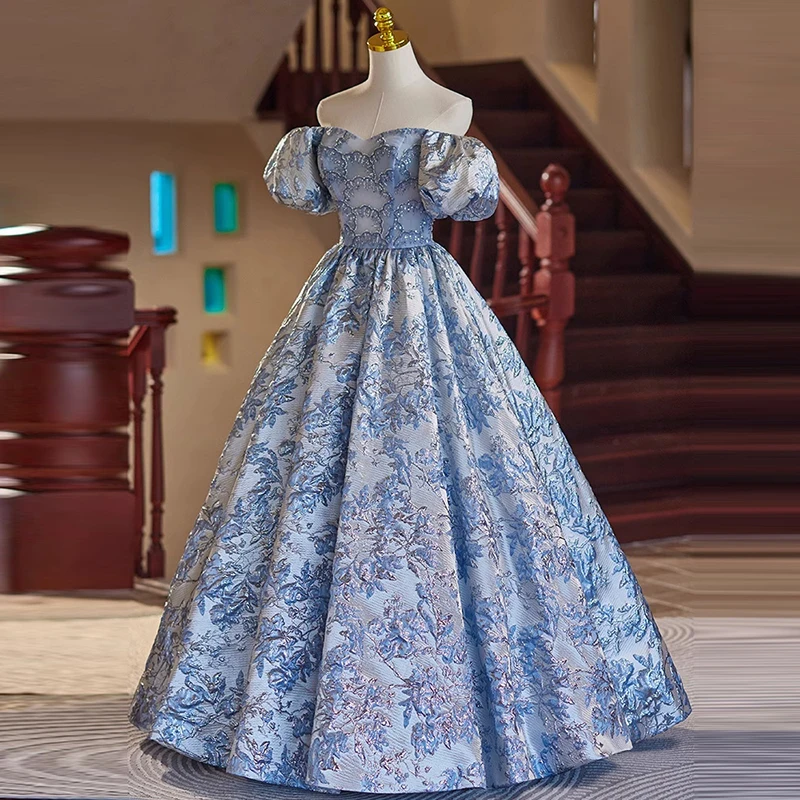 Фото Вечернее платье AnXin SH Princess из серого атласа с вырезом-лодочкой, синими цветочными аппликациями, пышными рукавами, блестящее, для сцены, бальное, на шнуровке, для вечеринок, на заказ №4