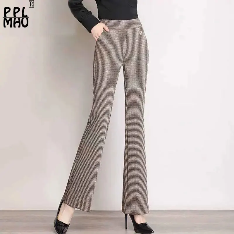 Spring 2022 Fashion Plaid Flare Pants Women Elegant Stretch High Waisted Pants Vintage Chic Mom Slim Bell Bottom Trousers 92cm