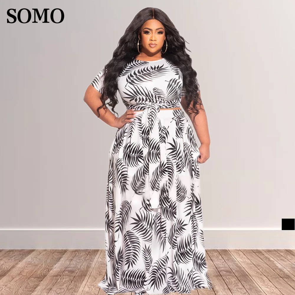

SOMO Women Summer Outfits Plus Size Fasihon Printed Crew Neck Crop Top and Wide Leg Two Piece Pants Set Wholesale Dropshipping