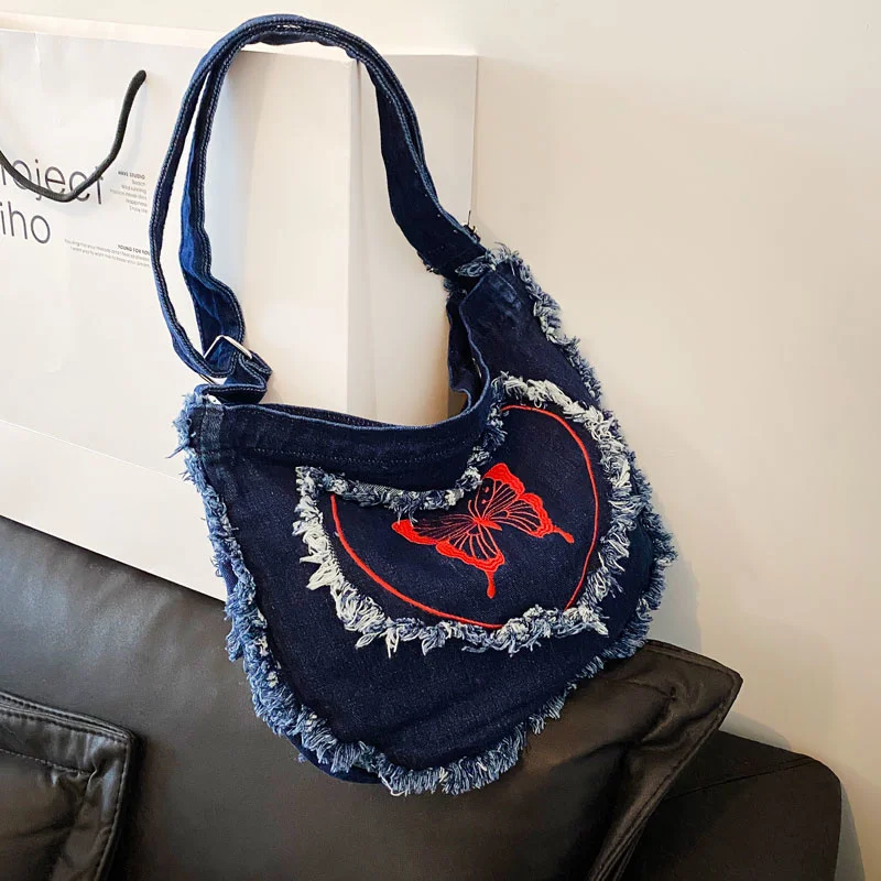 

Denim Crossbody Bag Y2k Shoulder Bag Tassel Strap Red Butterfly Fashion Trend Large Tote Handbag Harajuku Student Messenger Bag
