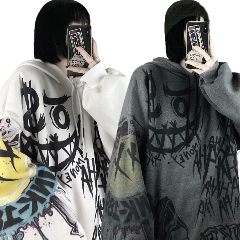 

Womens Gothic Punk Smile Face Print Long Sleeve Hoodies Harajuku Hip-Hop Graffiti Oversized Loose Sweatshirt Streetwear L5YB
