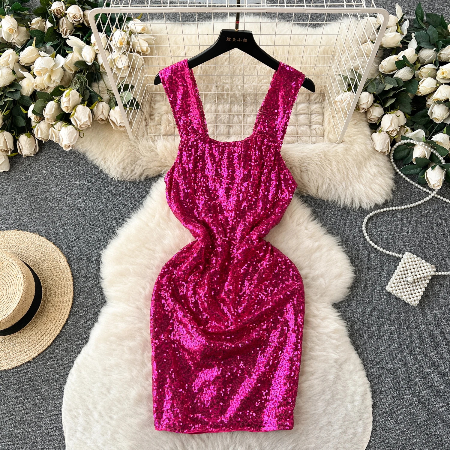 

Women Chic Sleeveless Sequin Sexy Slim Bodycon Slip Dress Vintage Fashion Vestido Elegant Hip Wrap Ceremonial Dress