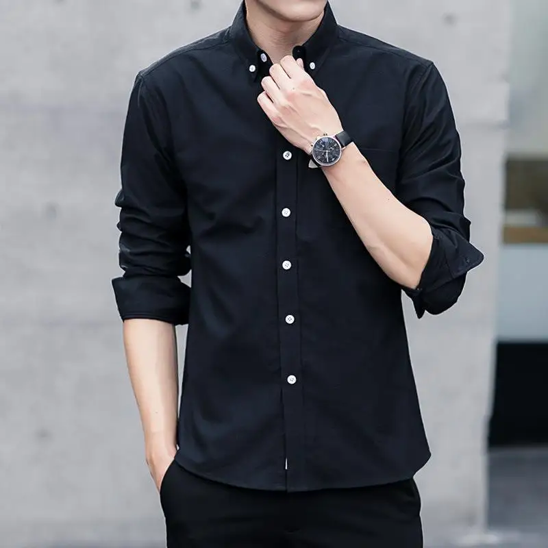Men Dress Shirt Oxford Shirt Autumn Simple Long Sleeved Plain Shirt Men's Business Slim Casual White Shirts for Men Clothing