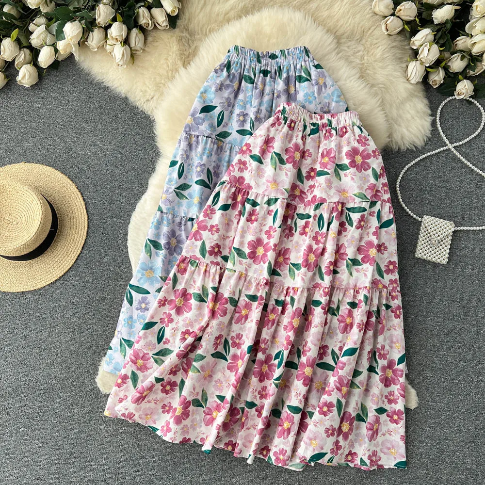 

Summer Gentle Wind Pleated Elastic Waist Mid-length Loose-fitting Thin Floral Hem Half Skirt