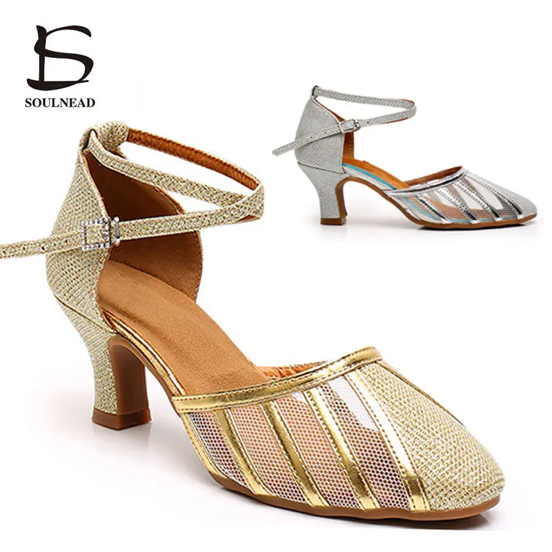 

Latin Dance Shoes Women Salsa Tango Dance Shoes Glitter Mesh Closed Toe High Heeled 5cm 7cm Ballroom Dancing Shoes Woman Sandals