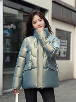 winter women parkas fashion thick glossy crop puffer jacket stand collar long sleeve bubble coats 2022 new