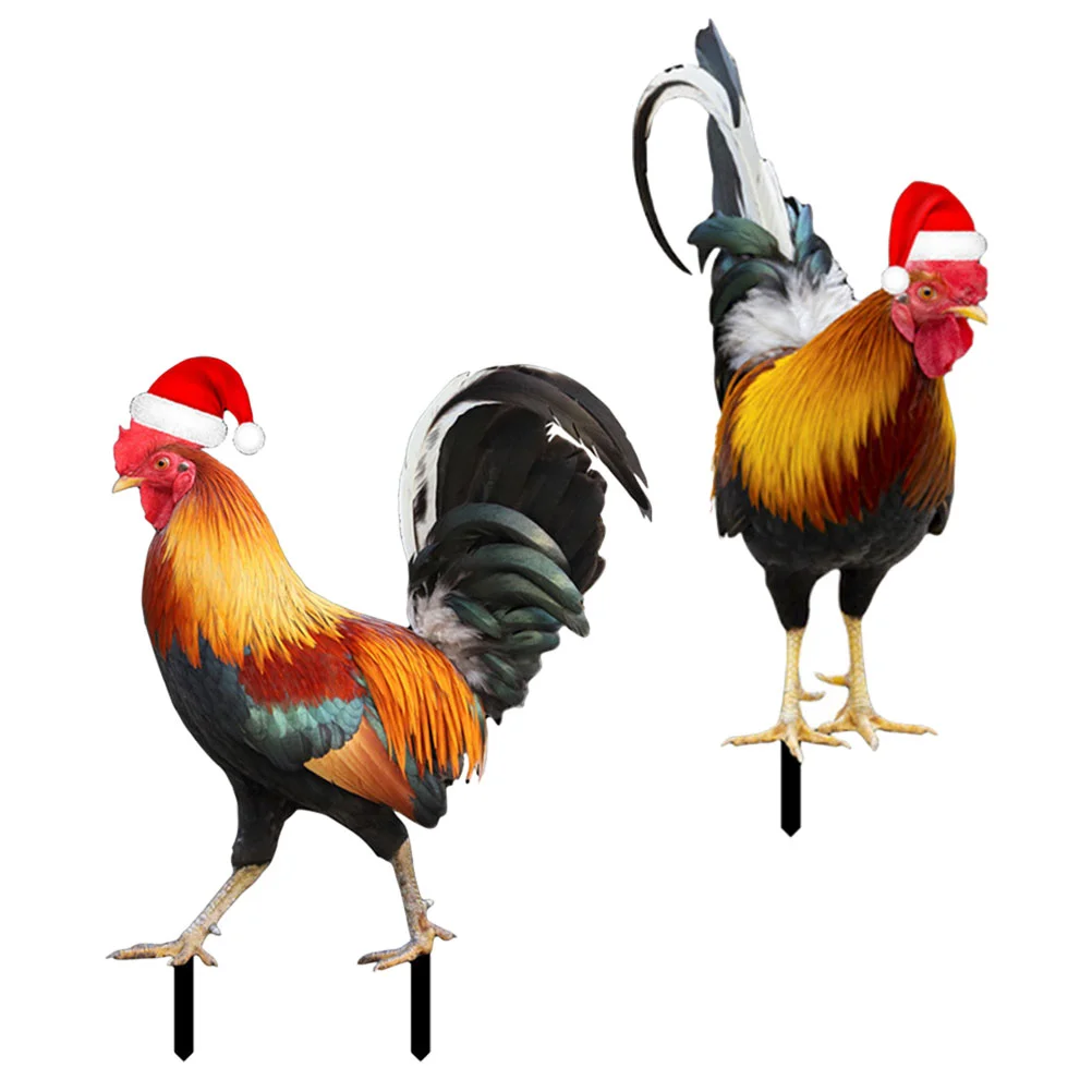

2Pcs Rooster Stake Christmas Outdoor Patio Yard Adornment Chick Statue Christmas Hat Chicken Stakes