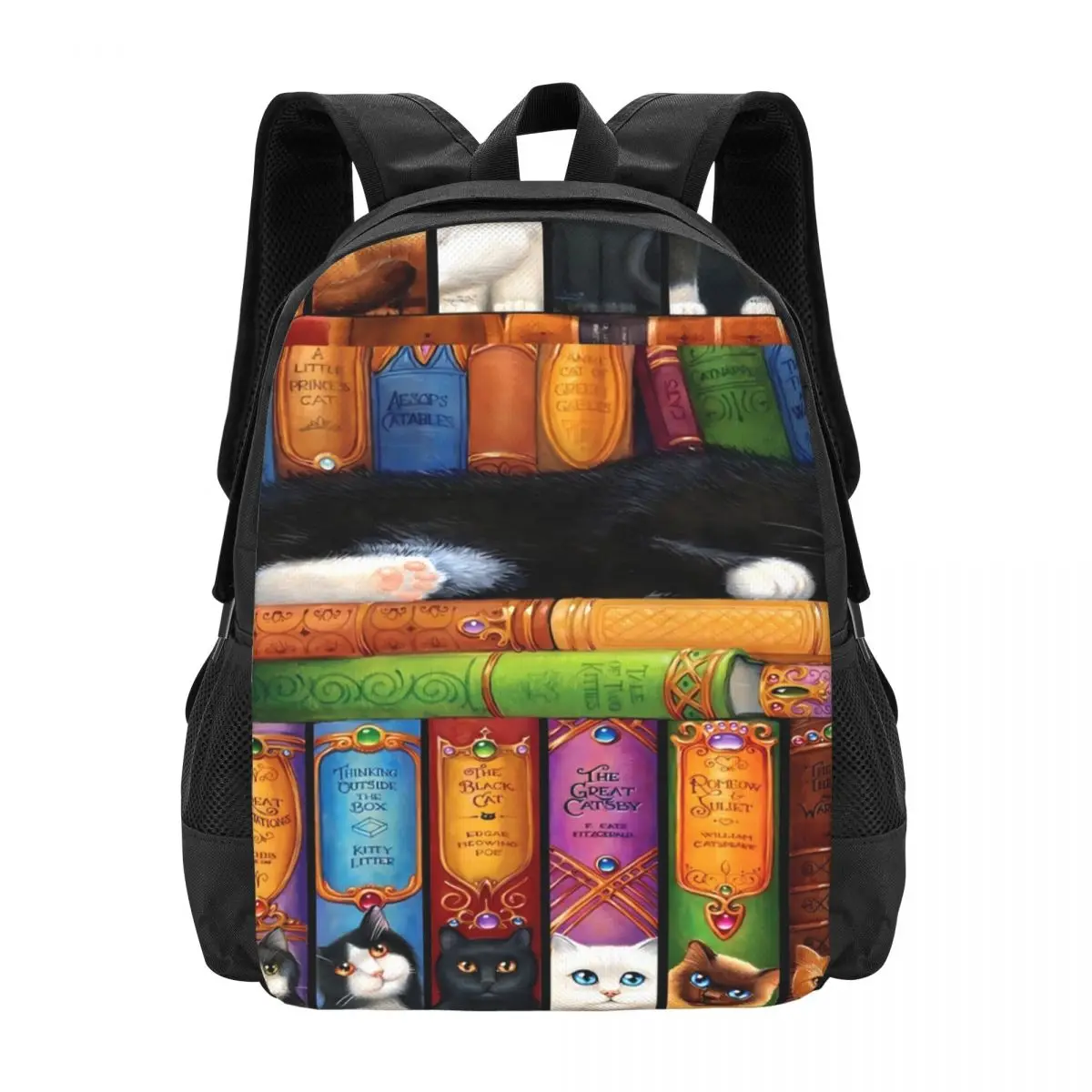 

Library Cats And Books Backpack Women Animal Breathable Backpacks Polyester Fashion School Bags Daily Designer Rucksack