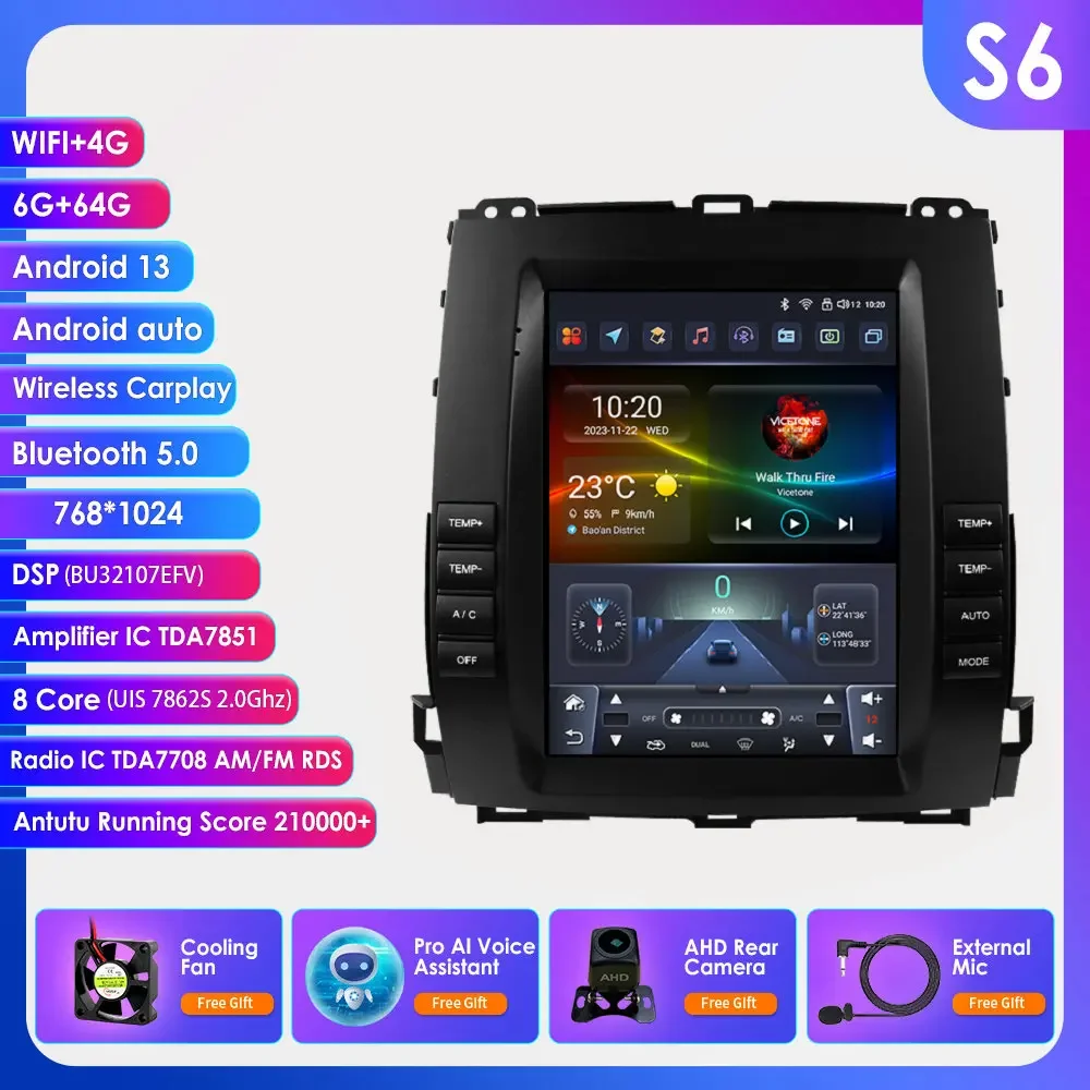 9,7-дюймовый автомобильный радиоприемник Carplay Android 13 для Toyota Land Cruiser Prado 120 2002-2009 Lexus GX47 GPS Стерео 2din Мультимедийный плеер