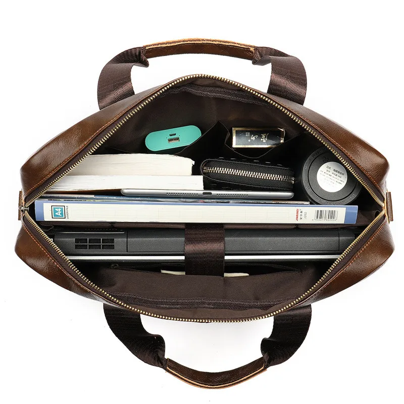 Simple casual luxury designer top layer cowhide men's coffee 14-inch briefcase Office laptop computer genuine leather handbag