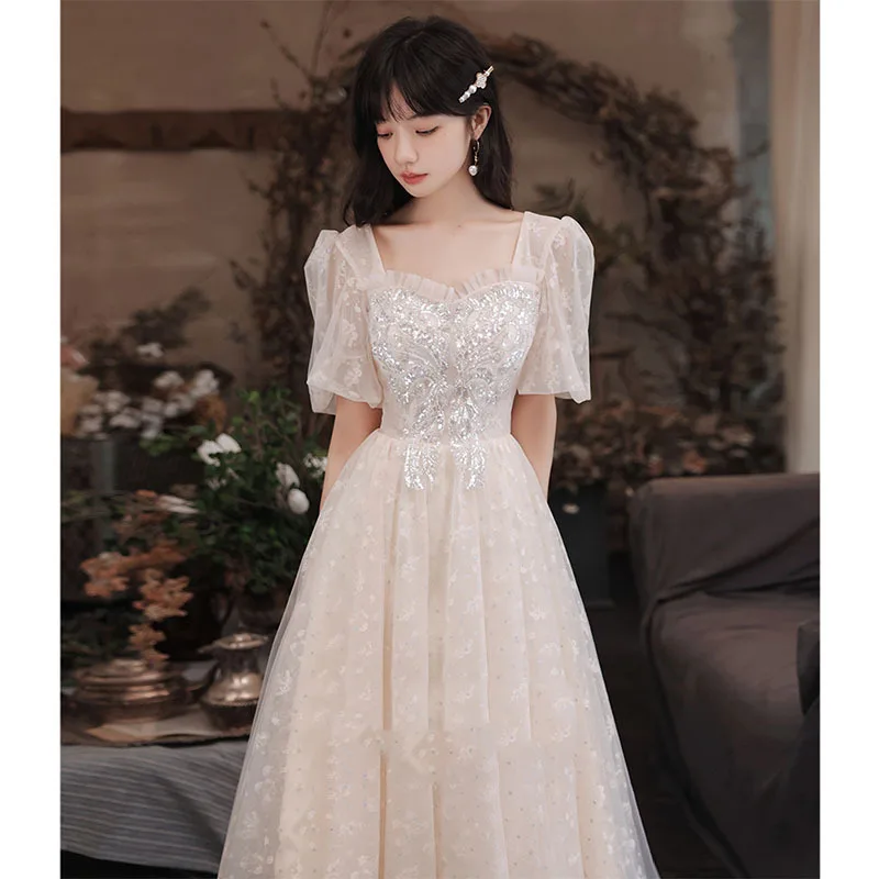 Fashion Sexy Square Collar Puff Sleeve Back Bandage Sequins A-Line Evening Dress Women Formal Gowns Robe De Soiree Cheongsam