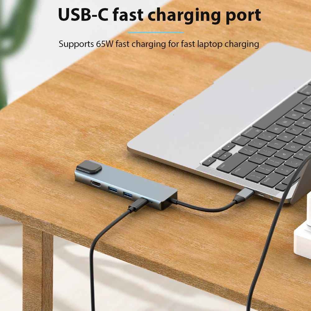 Концентратор USB Type C Многопортовая док-станция 6 в 1 3.0 4K @ 30 Гц Поддержка 65 Вт