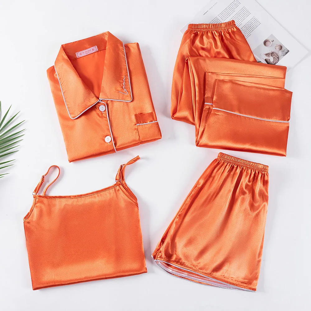 

Sleepwear Female 4PCS Pajamas Set Satin Pyjama Set Silk Nightwear Rayon Home Wear Summer Home Suit Nightwear Pijamas lounge wear