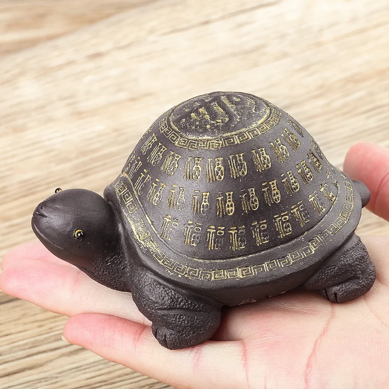 Chinese Character FU Blessing Purple Clay Pottery Turtle Tortoise Animal Crafts Longevity Wealth Charm Mascot Tea Pet Desk Decor images - 6