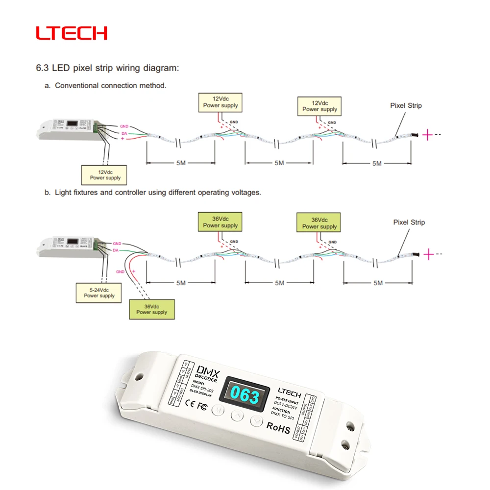 Фото LTECH DMX-SPI-203 DC5-24V DMX512/1990 2,4 ГГцRF SPI (TTL) 1024 пикселей IC декодер контроллер для RGBIC WS2811 WS2812B светодиодная лента №5