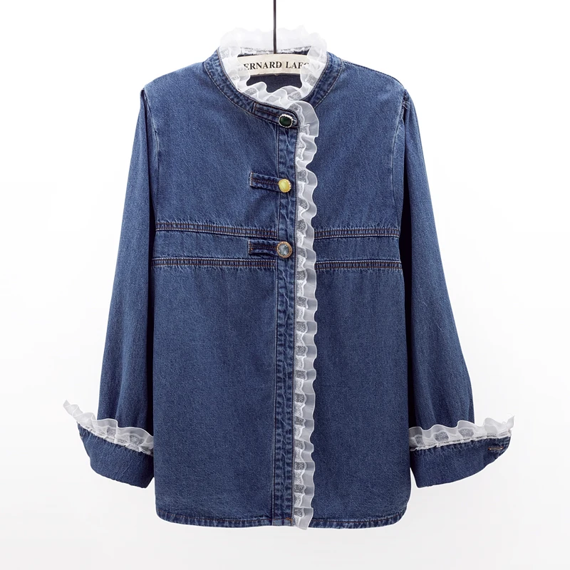 

Vintage Blue Thin Denim Jacket Coat Women Loose Mid-length Outerwear Lace Splicing Stand Collar Long Sleeve Jeans Jacket Female