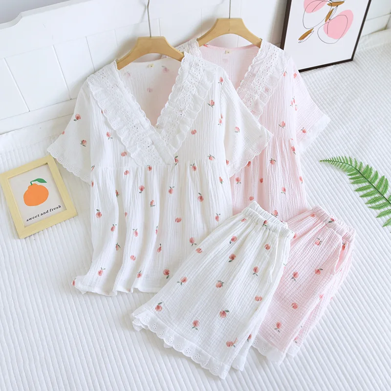 

Pyjama Pour Femme Summer Crepe Small Peach Short Sleeved Shorts Women Pajama Set New V-neck Loose Lady Thin Pullover Home Wear