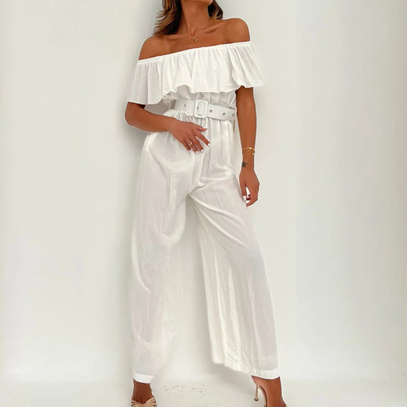 

Комбинезон женский плиссированный с широкими штанинами, элегантный пикантный однотонный ромпер с воротником-лодочкой и оборками, повседне...