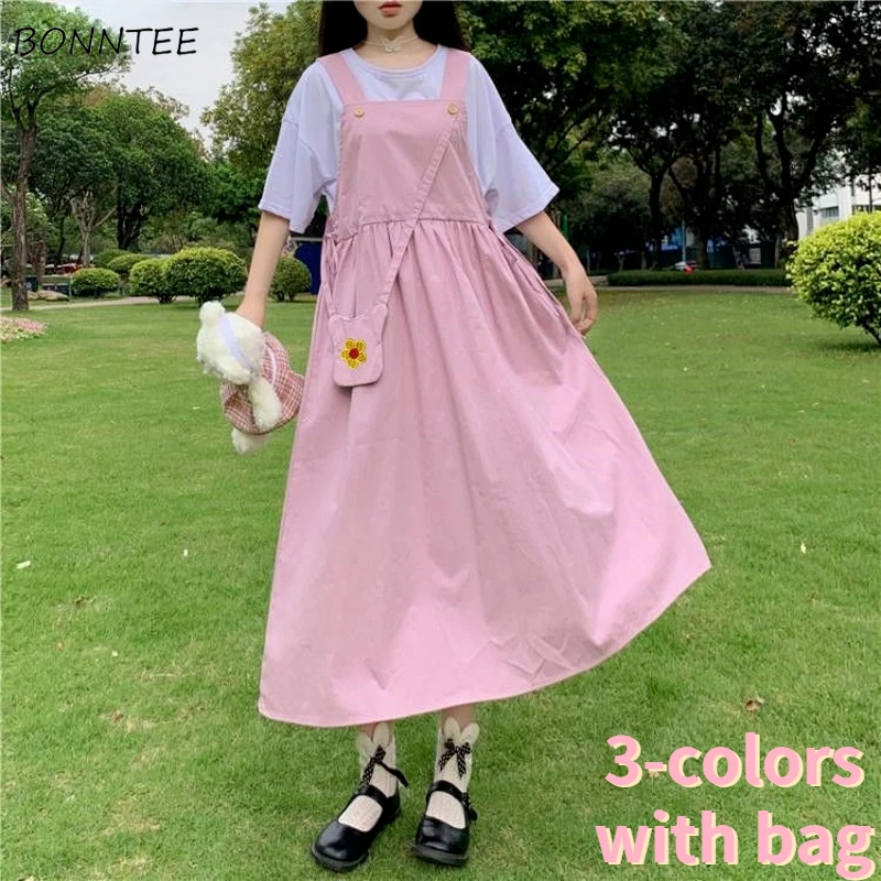 

Sleeveless Dress Women Summer Preppy Style Lovely Baggy All-match Vacation Girlish Casual Tender Bandage Design Fashion Young