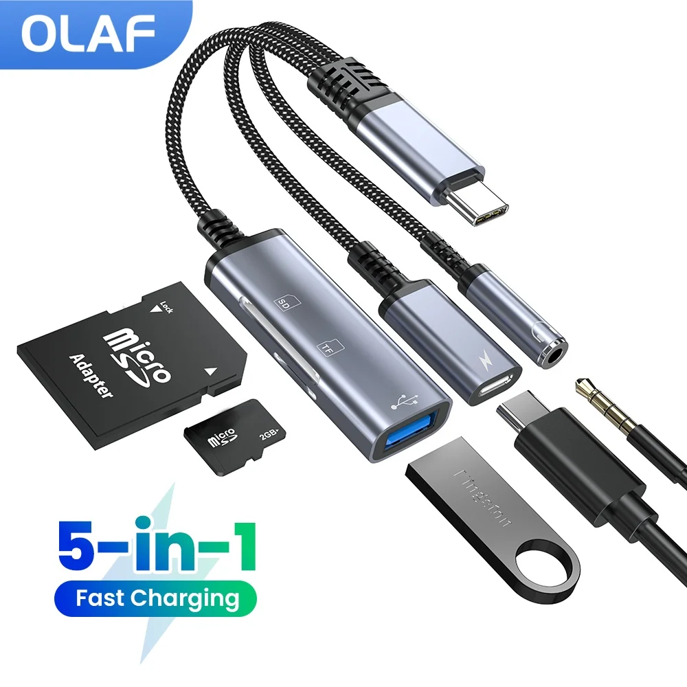 Фото Многофункциональный адаптер Type-C 5-в-1: зарядка Type-C/USB-C, 3,5 мм, кардридер SD/TF, USB 2.0. Высокоскоростной кабель-адаптер для iPhone 15, 16, Samsung. №2