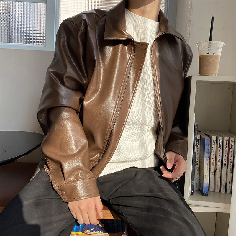 

IEFB Men's Clothing Autumn New Oversize Coat Korean Trend Loose Casual PU Leather Jacket Coat Male Zipper Lapel Clothes 9Y4382