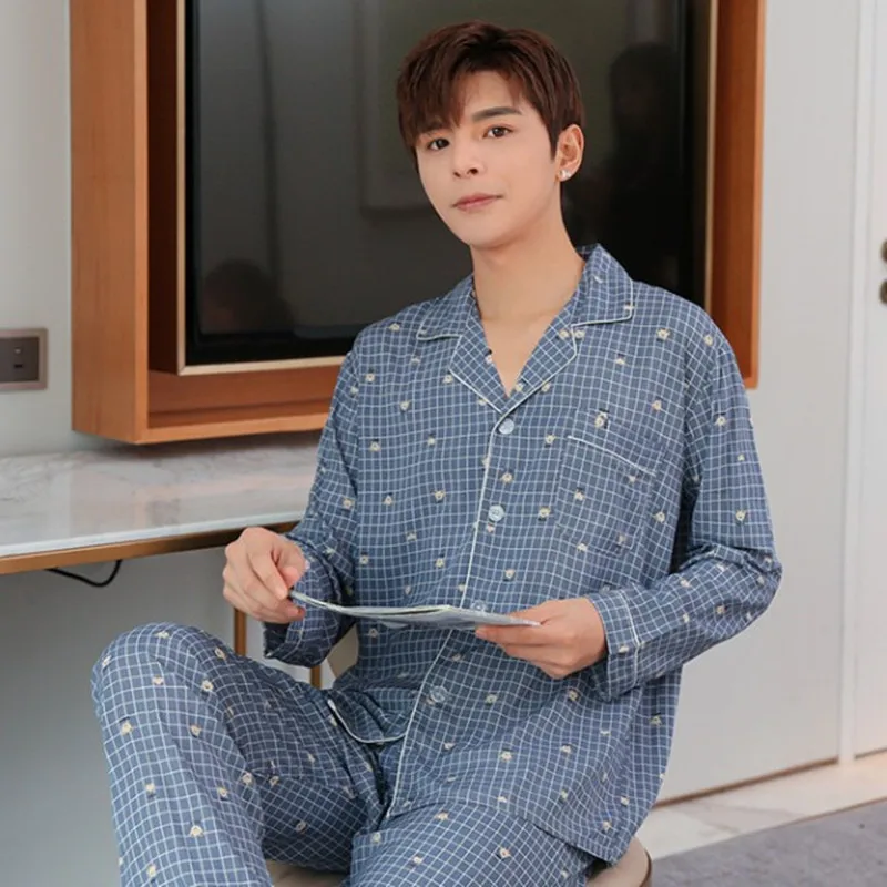 Pajamas for Men Spring and Autumn Long sleeve Cotton silk Nightdress set