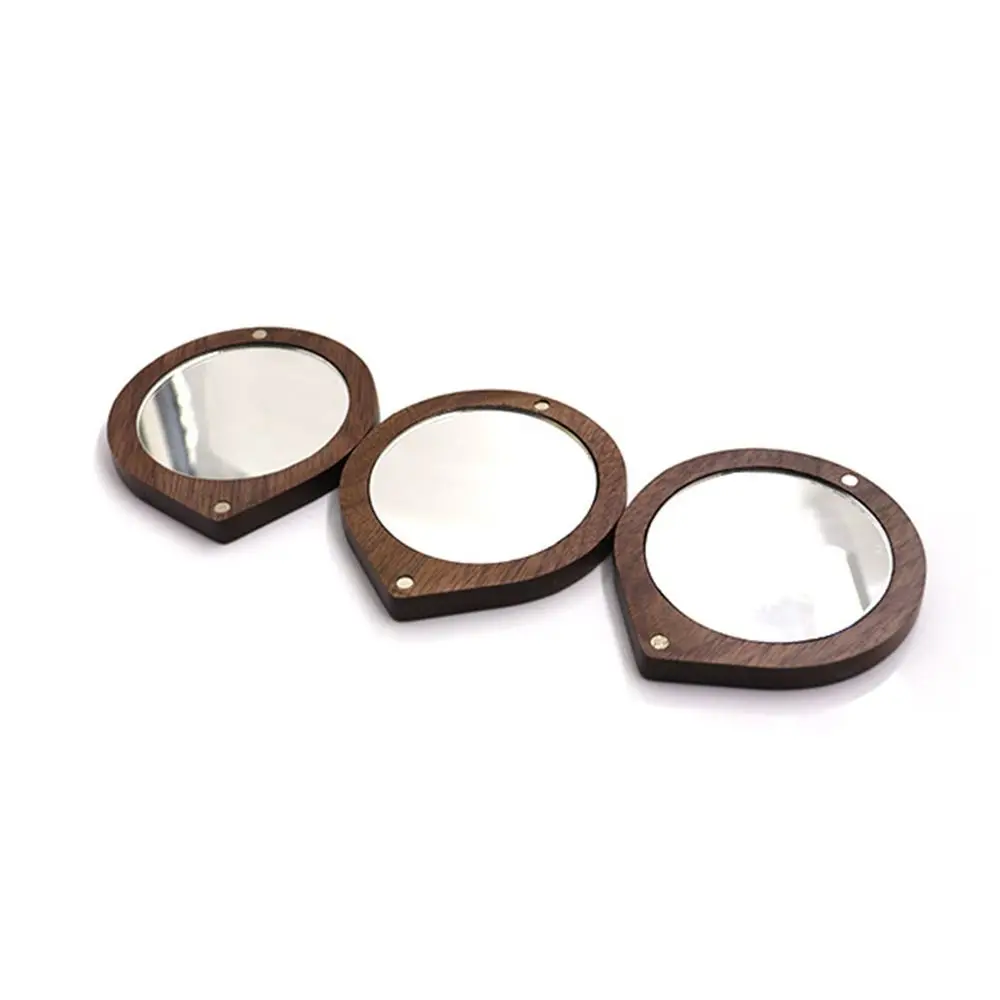 Mini Black Walnut Wood Makeup Mirror Foldable Round Rotating Cosmetic Handheld Magnetic Closure Compact Pocket