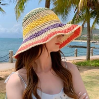 women sun hat fashion breathable rainbow striped fisherman hat foldable crochet beach boho bucket hat sun protection for outdoor