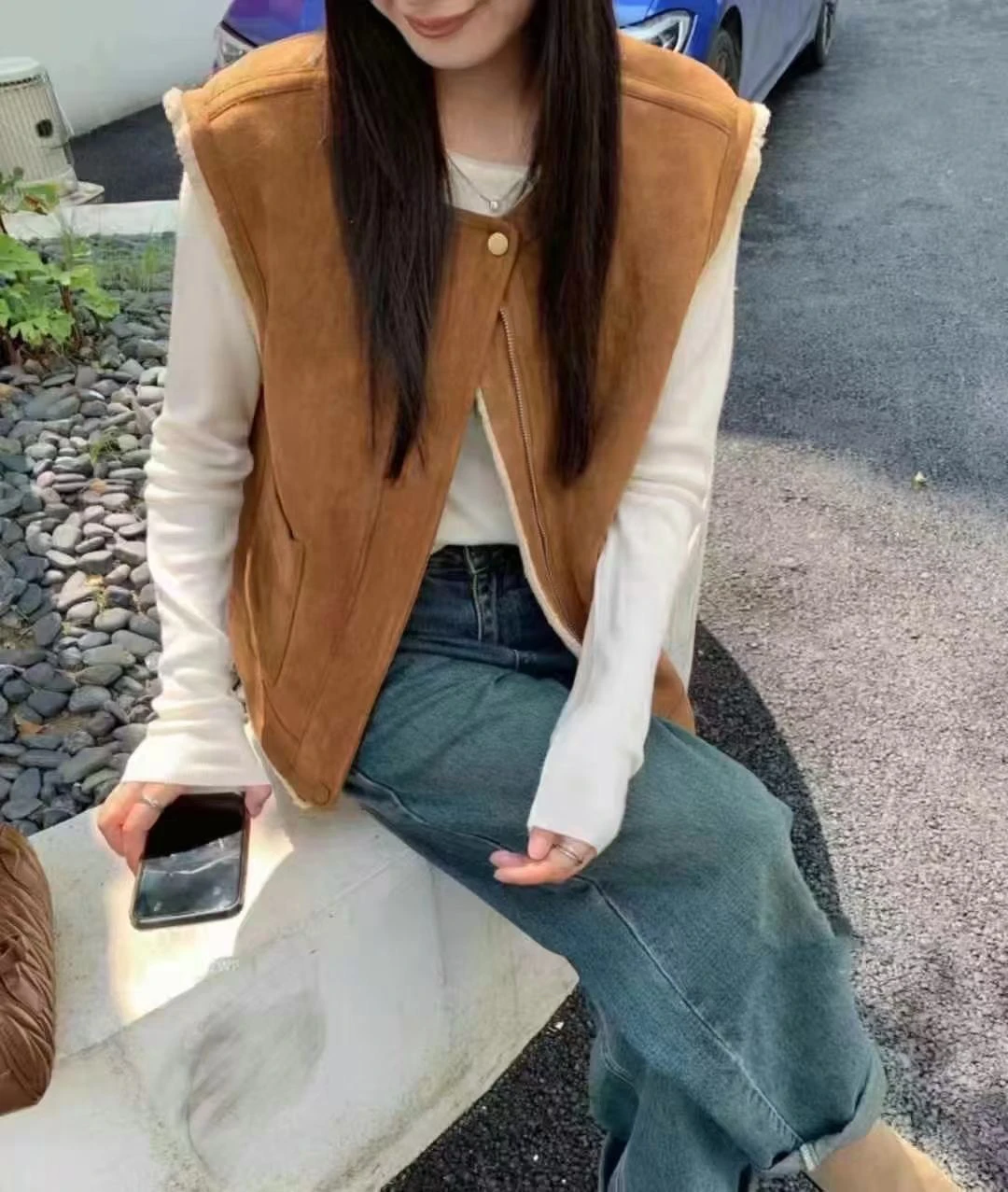 Осень-зима 2024 новый корейский свободный жилет без рукавов с круглым вырезом