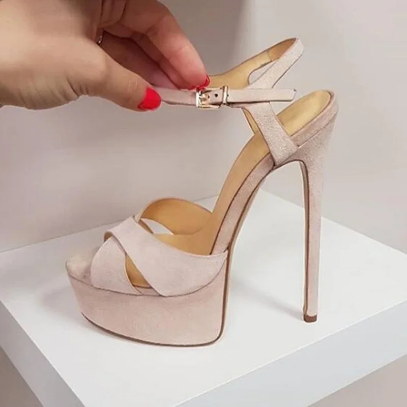 

Sexy Crossed Strap Sandals Woman Peep Toe Ankle Strap Platform Gladiator Stiletto Heel Summer Shoes Beige Suede Leather Pumps