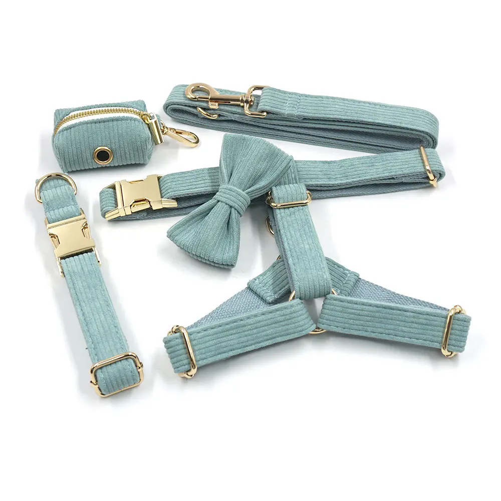 

Mint Green Corduroy 5 Pcs Dog Leash Engraved Nameplate Dog Collar with Bow Dog Harness Poop Bag set Personalized ID Name Tag