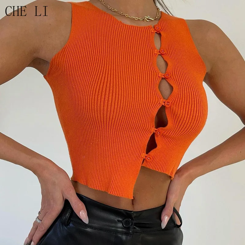

INS European and American Style 2022 Summer New Women's Fashion Round Neck Single-breasted Knitted Cardigan Slim Vest Female