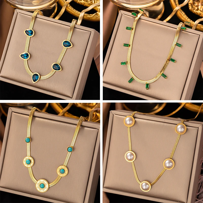 

Stainless Steel Crystal Zircon Pendant Necklace For Women Vintage Stone Imitation Pearl Chain Collar Necklaces Jewelry Gift