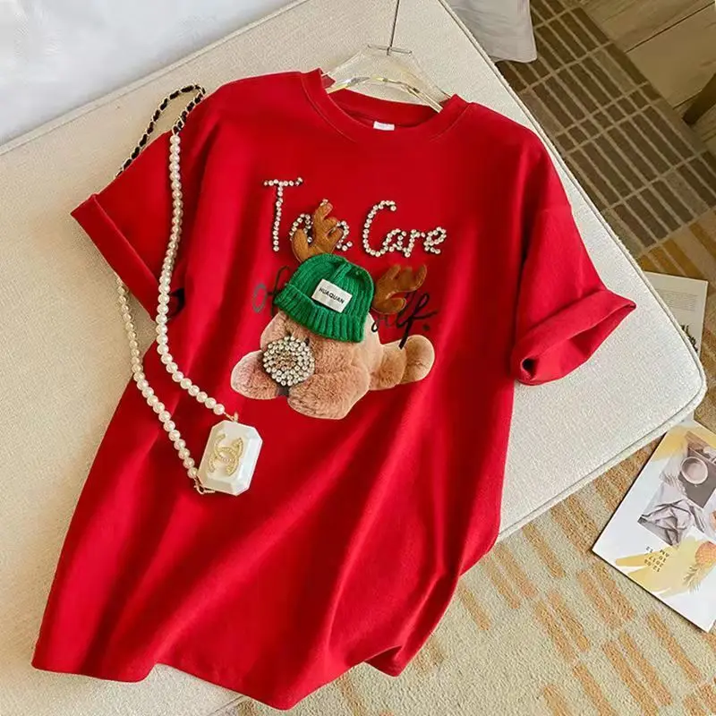

100% Cotton Exquisite Rhinestone Women's Loose T-Shirt Short Sleeve Western Style All-Matching Slimming New Top