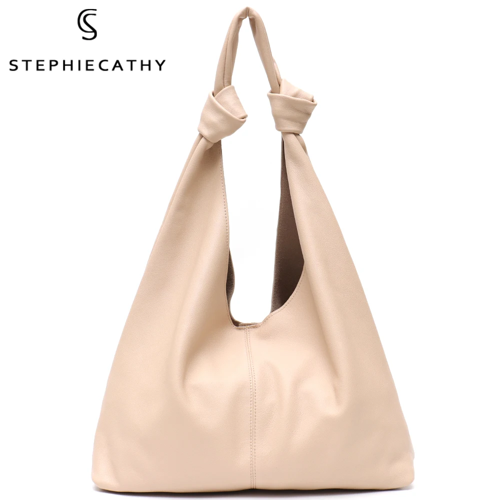 SC Large Capacity Genuine Leather Women Hobo Shoulder Bag Natural Soft Cowhide Casual Slouchy Handbags Daily Purse Knotted Strap