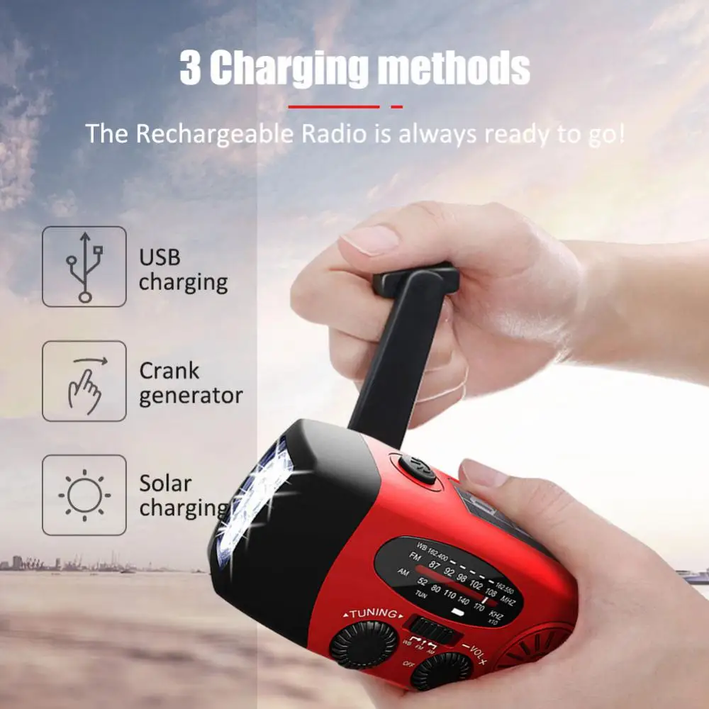 

Protable Emergency Solar Hand Crank Dynamo AM/FM/WB Weather Radio LED Flashlight Charger Waterproof Emergency Survival Tools Hot