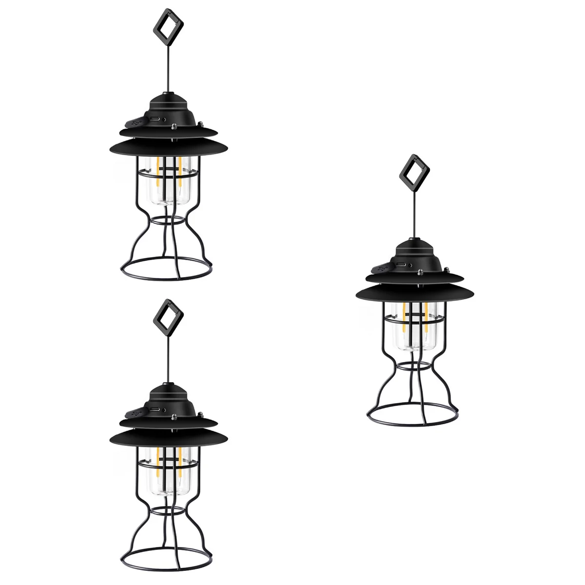 

3pcs Camping Lamp Vintage Iron Hanging Light USB Rechargeable Outdoor Night Lamp
