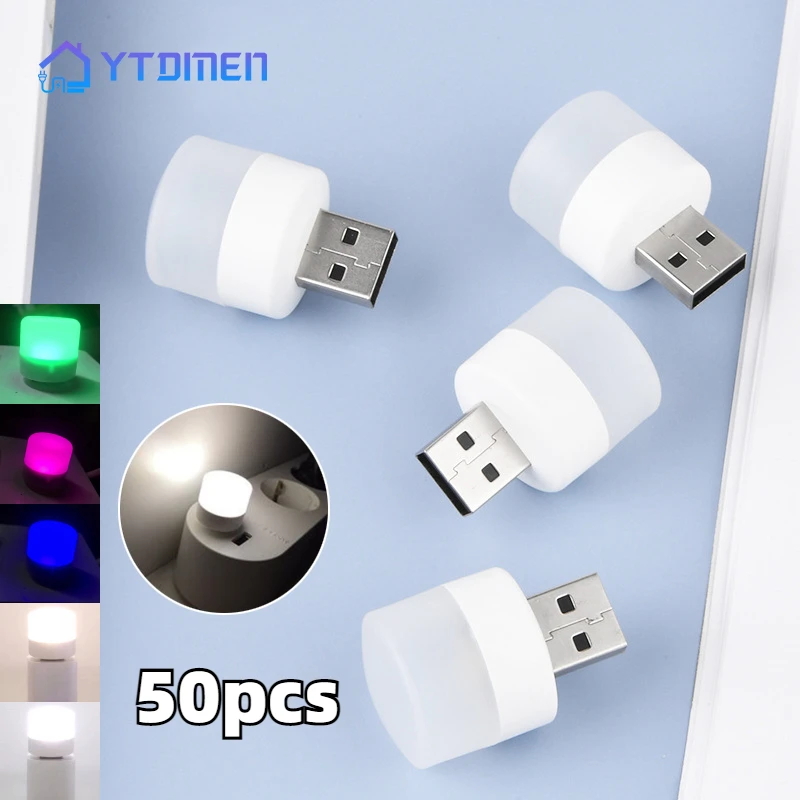 

50Pcs USB Plug Lamp Mini LED Night Light Power Bank Charging Book Lights Small Round Reading Eye Protection Lamps Camp Equipment