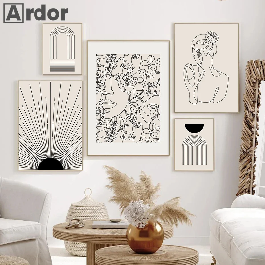 

Abstract Bohemian Line Woman Face Flowers Mid Century Posters Figure Canvas Painting Beige Wall Art Print Living Room Home Decor