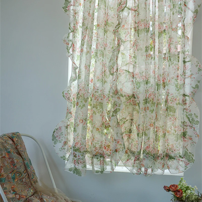 

Korean Pastoral Pastoral Flower Lace Rod Pocket Short Sheer Tulle Curtains For Bedroom Kitchen Door Window Partition Voile Drape