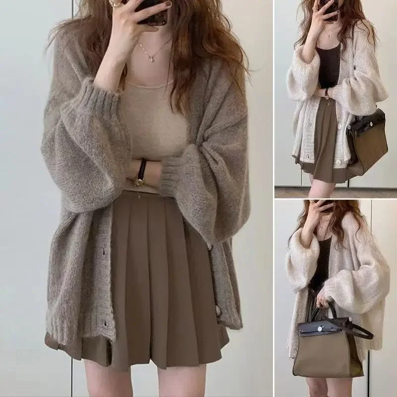 Женский вязаный кардиган мягкий Свободный кофейного цвета тонкий пуловер