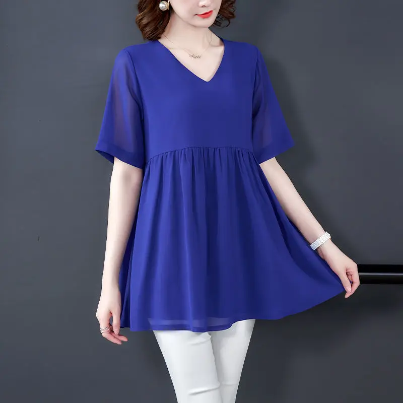 

2023 New Women Chiffon Blouse Shirts Summer Short Sleeve Loose T shirts Medium Long Style Female Tops