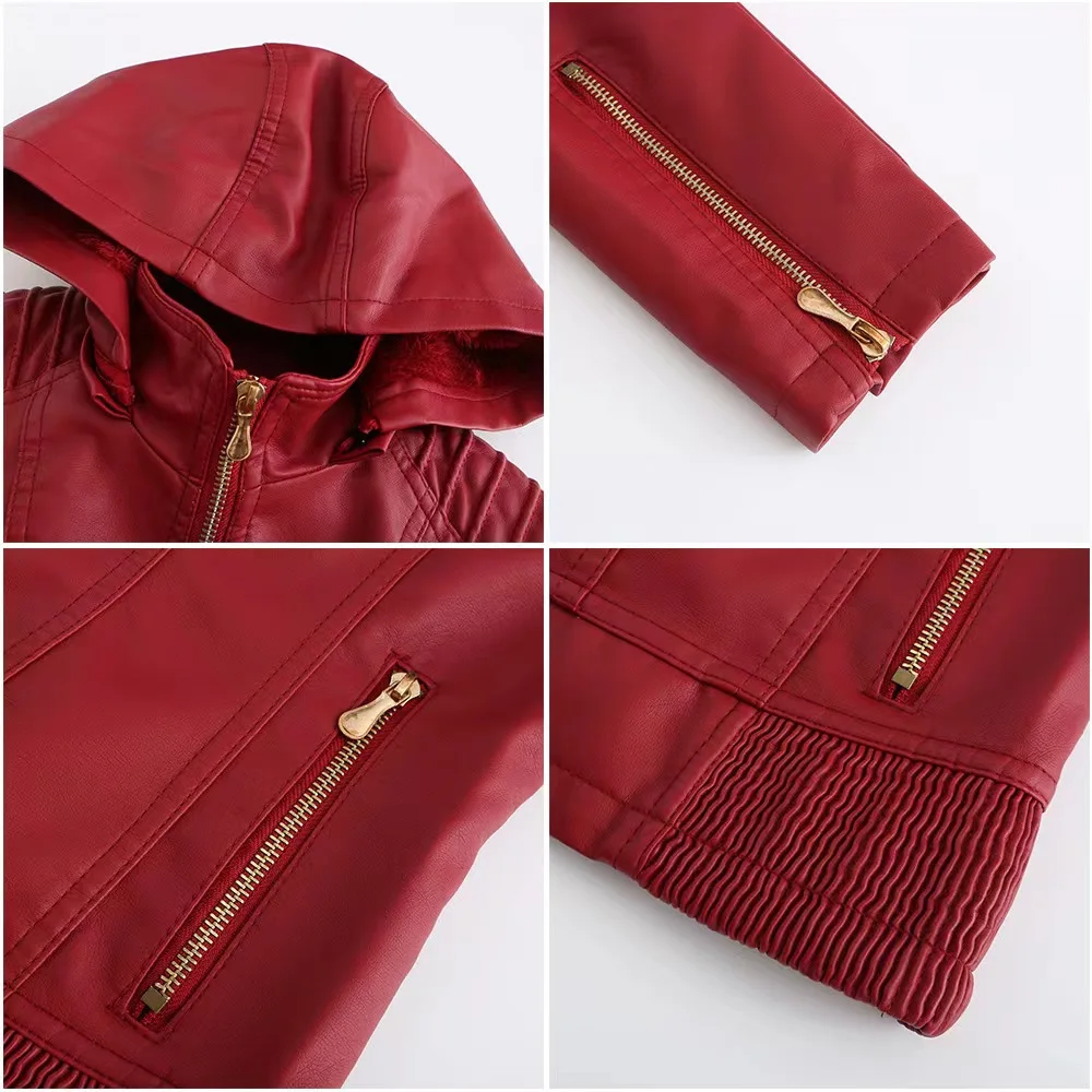 2022 autumn and winter hooded PU leather women's detachable hat zipper long sleeve plus fleece leather jacket slim coat