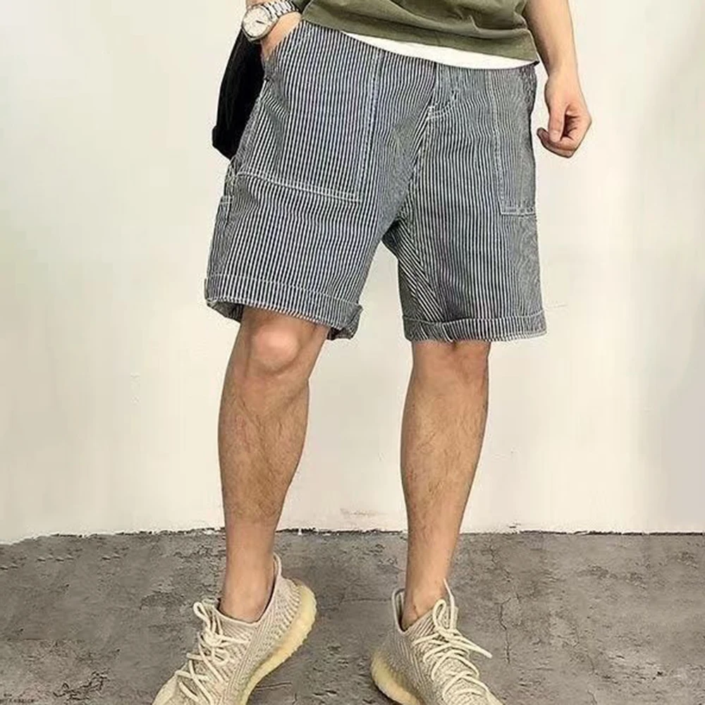 

Men American Casual Jeans New Retro Design Five-point Pants Summer Trendy Brand Loose Street Hip-hop Striped Tooling Half Pants