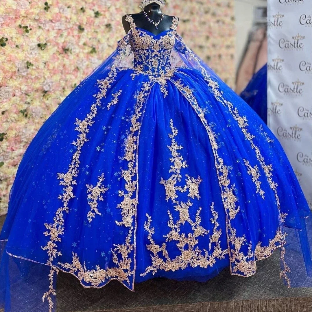 

ANGELSBRIDEP Luxury Royal Blue Quinceanera Dresses With Gold Appliqued Ball Gowns Prom Dresses Lace-up Sweet 16 Party Gowns