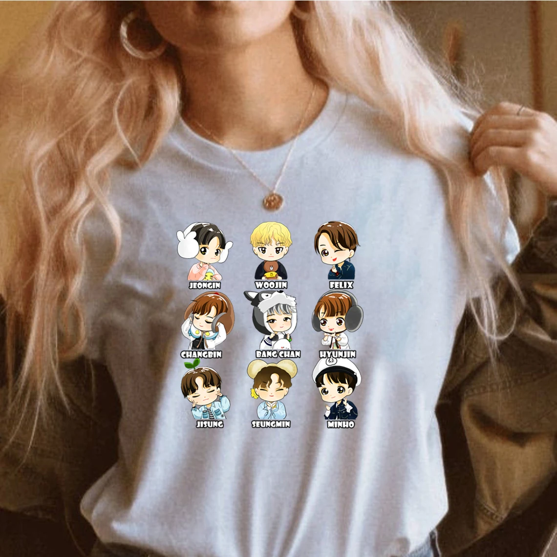 

Women Stray Kids Chibi All Members T-shirt Kpop Skz Group Shirt Stray Kids Felix Jisung Cartoon Print Tees Harajuku Kawaii Tops