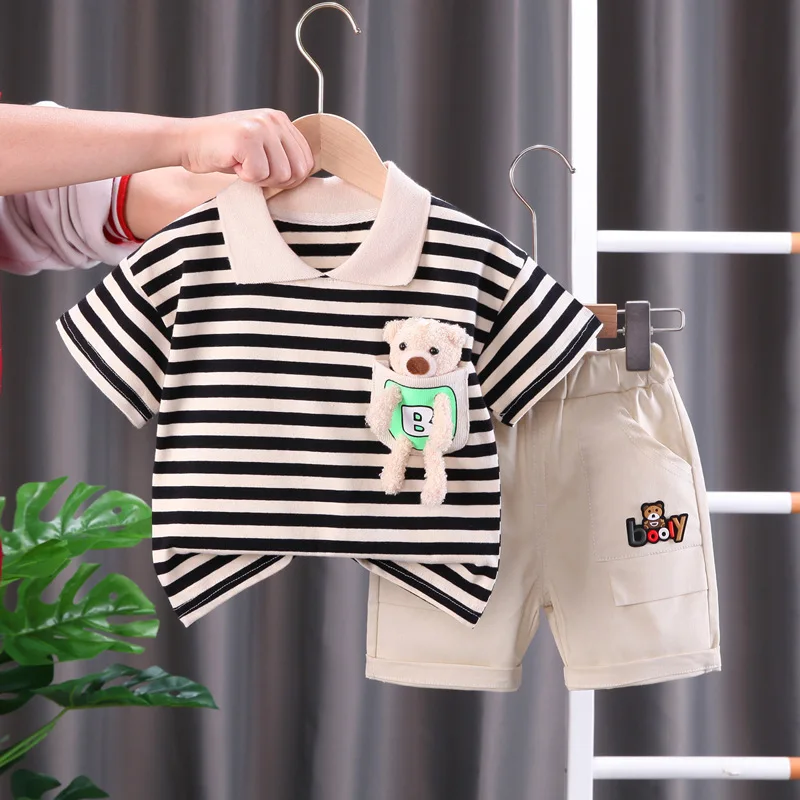 

Summer Toddler Children Baby Boys Girls Clothes Stripe Cotton Doll Bear T-shirt Shorts 2Pcs/Sets Infant Kids Casual Tracksuit