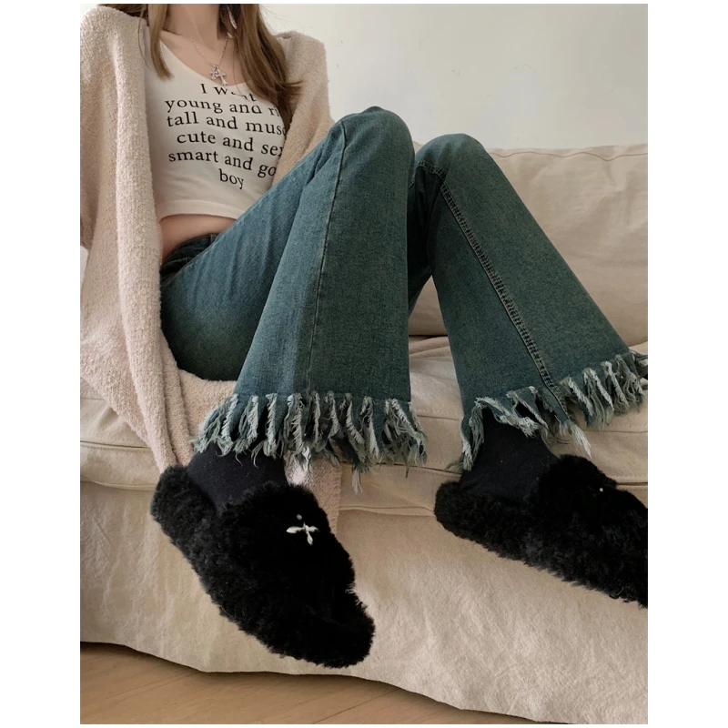 

Blue High Waist Women Jeans Flare Pants Tassels Vintage American Fashion Leisure Female Wide Leg Trousers Baggy Denim Mop Pants