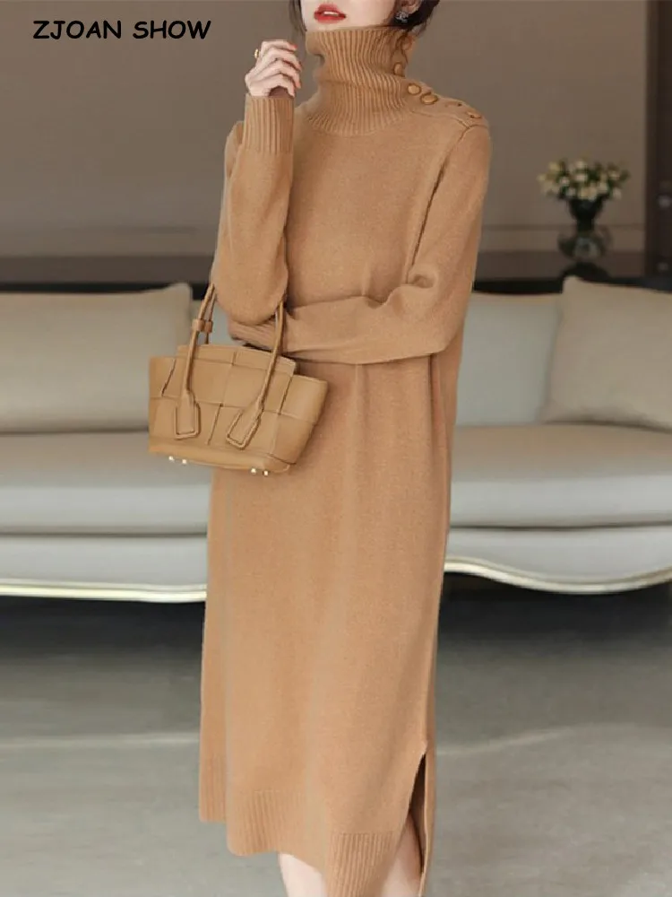 

Женское трикотажное платье-свитер средней длины, плотное теплое базовое платье-свитер в рубчик с открытыми пуговицами и высоким воротником...