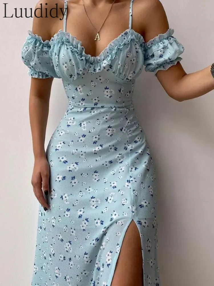 

Women Floral Print Cold Shoulder Frill Hem Slit Chiffon Dress